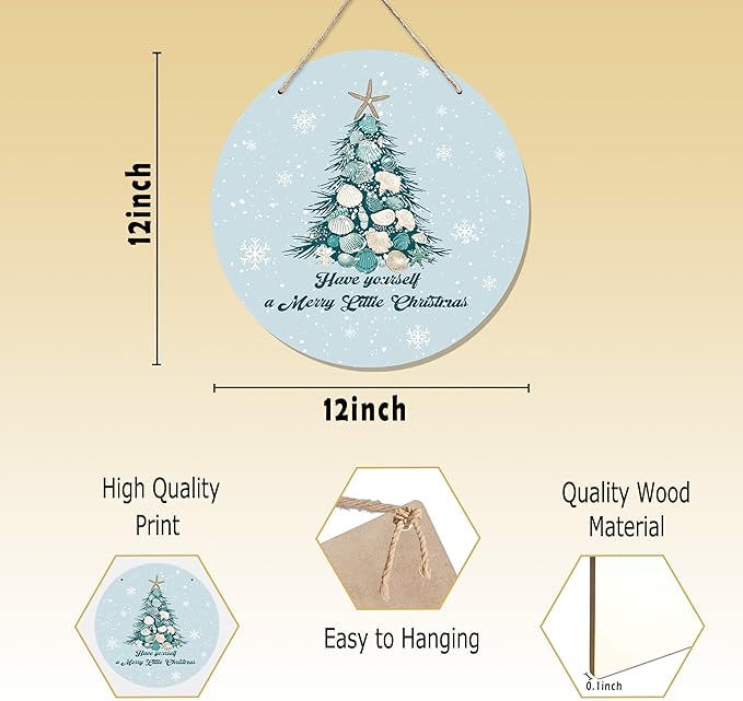 CGBHW Coastal Christmas Tree Wooden Sign, Ocean Coastal Holiday Christmas Xmas Beach Hanging Sign Wall Decor, Have yourself a Merry Little Christmas Tree Shell Beach Home Door Decor 12 x 6 Inch