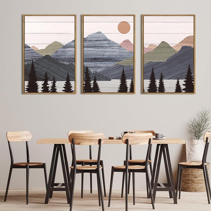 ANHUIB Mountain Wall Art 24x36 Inch Large Mountain Range Art Print Forest Painting Set of 3 for Living Room Bedroom Office
