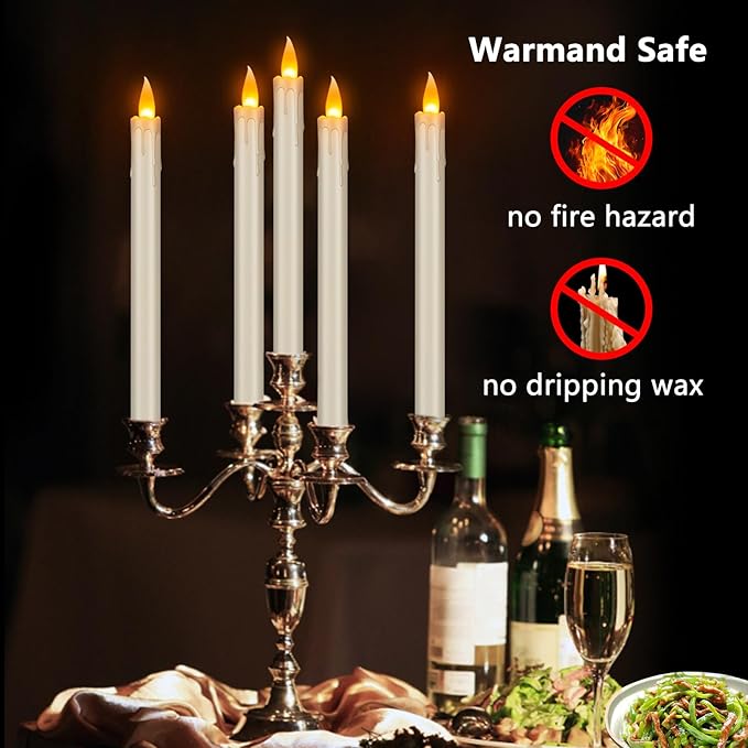 Flameless Taper Candles Realistic Flickering Flame, Battery Operated, Remote Control with Timer, Safe for Kids & Pets, Ivory, 10-Inch, Pack of 6 Ideal for Home, Weddings & Parties