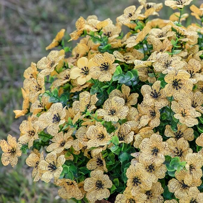 Artificial Fall Flowers Faux Mums for Outdoor Indoor Garden Home Decoration, Faux Flower Daisy with Eucalyptus Leaves Fake Plants Greenery Boxwood Porch Patio, 12 Bundles (Yellow)