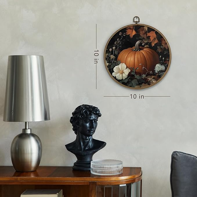 Gnmduw Fall Pumpkin Wall Art Framed, Pumpkin Wall Decor, Rustic Fall Thanksgiving Pumpkins Round Hanging Wall Decor, Halloween Pumpkin Canvas Prints Art for Cottage Core Living Room Bathroom,10x10 In