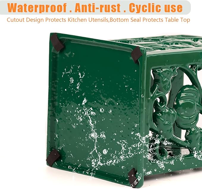 Utensil Holder for Kitchen Counter, Large Cast Iron Vintage Pumpkin Pattern Utensil Holder Cooking Tools Organizer Storage Crock, Green