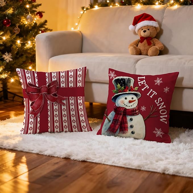 Christmas Pillow Covers 18x18 inch Set of 4, Holiday Winter Outdoor Red Plaid Vintage Tree Snowflake Xmas Snowman Farmhouse Burgundy Seasonal Burlap Decorations for Sofa Couch
