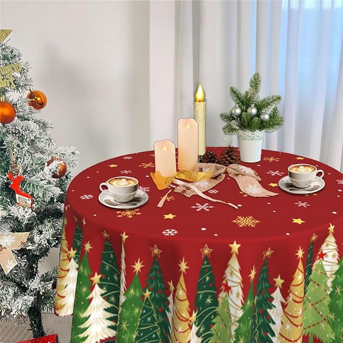 Christmas Round Tablecloth 60x60 Inch Xmas Snowflakes Trees Table Cover Holiday Decorations Seasonal Decor for Home Kitchen Dining Room Picnic Party Winter Red