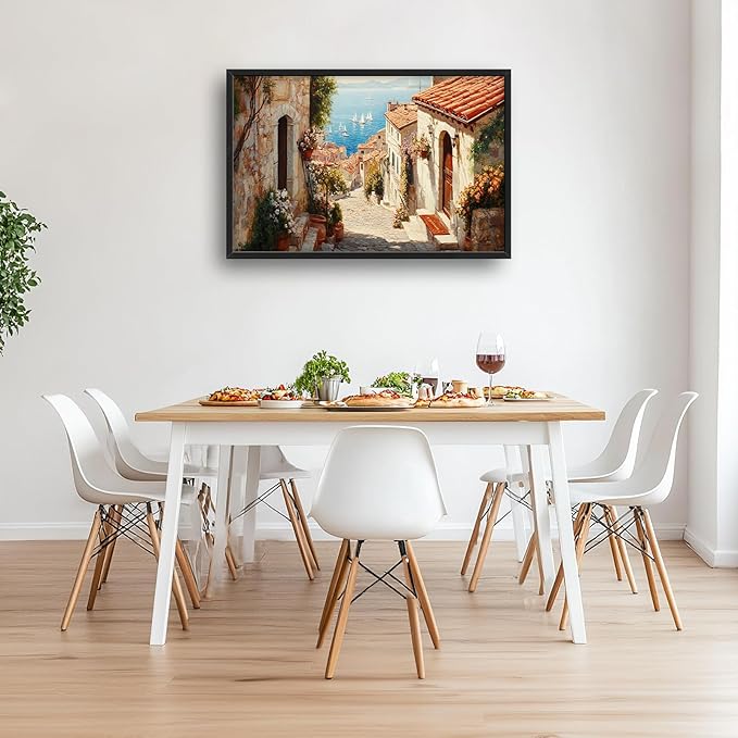 Olivine Italy Large Wall Art, Tuscany Pictures Wall Decor, Coastal Scenery Painting, Vintage Canvas Prints, Framed Artwork for Dining Room Living Room Bedroom Bathroom Office Home Decor 36"x24"