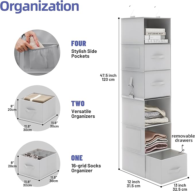 Twira 6-Shelf Hanging Closet Organizer, 2 Separable 3-Shelf Hanging Shelves, Hanging Storage with 3 Removable Drawers 4 Side Pockets, Storage Organizer for Closet, Nursery (Light Grey)