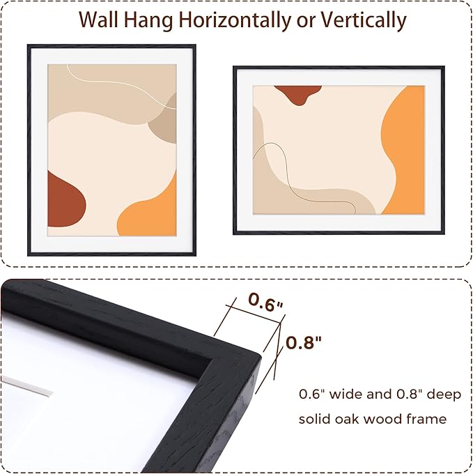 22x28 Black Picture Frame, 22"x28" Oak Wood Frame for Wall, Rustic Poster Frames 22 x 28, 22x28 Matted Frame to 18x24, Tempered Real Glass, 22 by 28 Art Frame (Black, 2 Pack)