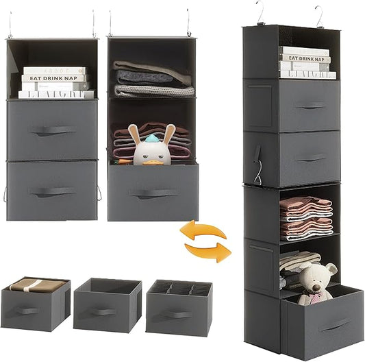 Twira 6-Shelf Hanging Closet Organizer, 2 Separable 3-Shelf Hanging Shelves, Hanging Storage with 3 Removable Drawers 4 Side Pockets, Storage Organizer for Closet, Nursery (Dark Grey)