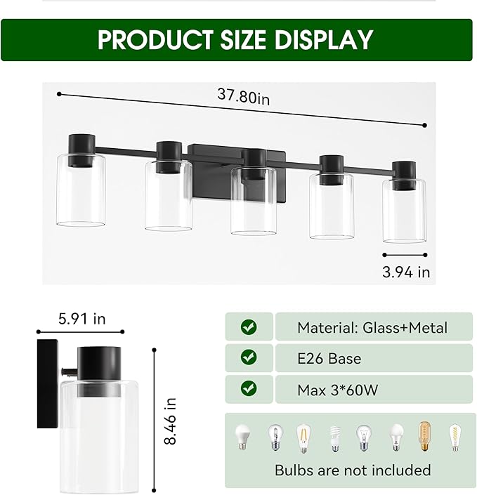 5-Light Modern Vanity Light Fixtures Over Mirror, Matte Black Bathroom Light Fixtures, Vanity Lights, Wall Sconce with Clear Glass Shade for Bathroom, E26 Base