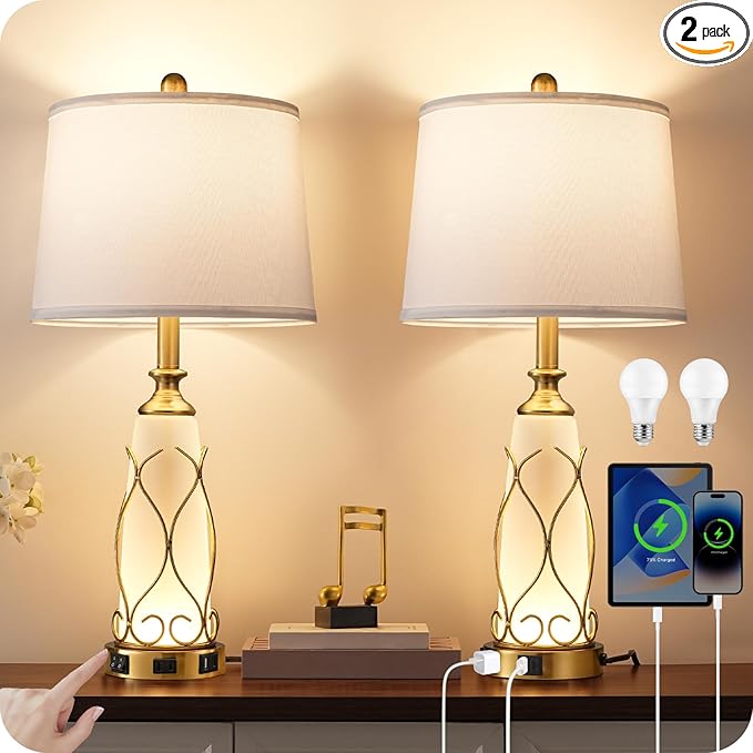 25.6" Glass Gold Table Lamps Set of 2, Tall Bedside Lamps with Nightlight, Modern Nightstand Lamp with USB Ports, Desk Lamp for Bedroom, Living Room, Office, LED Bulbs Included W02TL05