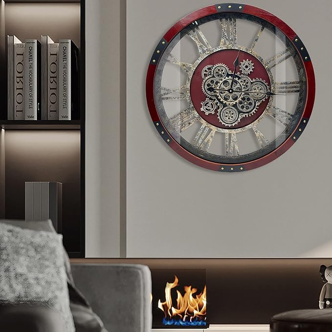 DORBOKER 30" Original Moving Gears Wall Clock, Large Industrial Wall Clock for Living Room Decor, Retro Wood Vintage Farmhouse Steampunk Rustic Clocks for Wall Decor,Red Walnut Wood