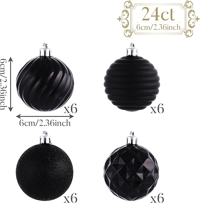 Valery Madelyn Christmas Ornaments Tree Decorations Set for Fall Halloween, 24ct Black Shatterproof Ball Ornaments, 2.36" Hanging Ornament Bulk for Xmas Holiday Party Decor