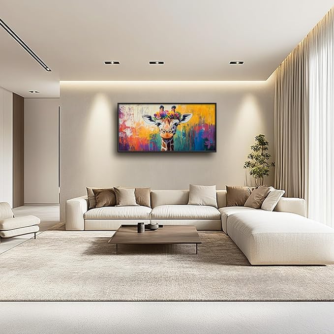 Framed Large Wall Art for Living Room, Banksy Deer Canvas Wall Decor, Large Giraffe Picture Framed Painting, Modern Artwork for Bedroom Office 60L'' × 30W''