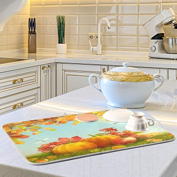 Autumn Thanksgiving Day Pumpkins Maple Dish Drying Mat for Kitchen Counter 16 x 18 Inch Flowers Dragonfly Leaves Dry Dishes Pads Mats Absorbent Countertops Counter Tableware Mat Protector Home Decor
