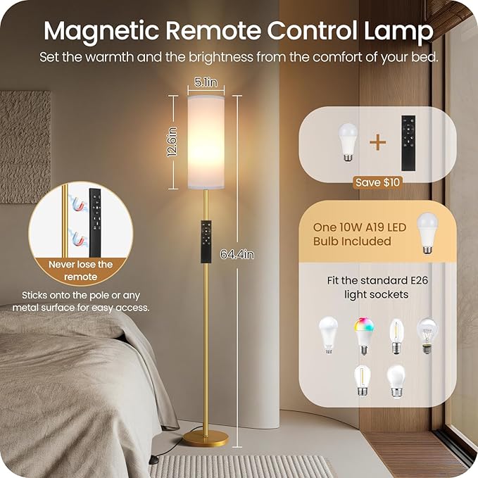 Dimmable Floor Lamp for Living Room with Remote and Foot Switch, Corner Floor Lamp, 64.4'' Standing Tall Lamp, 10W 900LM LED Bulb Included, 3000K-6500K, Linen Shade, Gold White, FCC Listed DCW06LD05W1