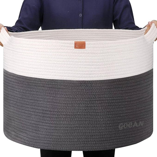 Extra Large Laundry Basket toy storage 22"X22"X14" blanket basket Cotton Rope Woven Baskets with Handles for Living Room (Grey/Beige) XXXL