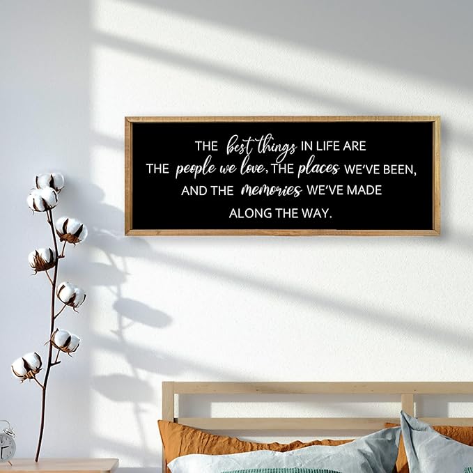 Comurdyo The Best Things in Life Sign 32''×12'' Framed Wood Memories Inspirational Quotes Wall Decor Vintage Farmhouse Wedding Gifts Sign Wall Art for family Home Bedroom (Wood Black)