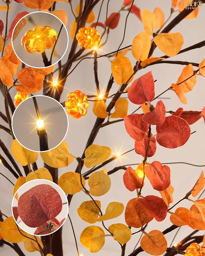 Uieke 4FT 48LED Lighted Fall Eucalyptus Tree Artificial Fall Tree with 12PCS Pumpkins & 8 Modes Thanksgiving Fall Decorations for Home Autumn Decor Indoor Outdoor