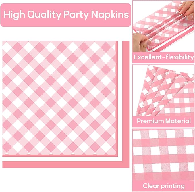 Pink Gingham Party Oval Paper Plates 11inch Pink & White Checkered Plates and Napkins, Plaid Birthday Decoration for Girls Women Party Supplies BBQ Gathering Picnic Tableware, 25 Guest