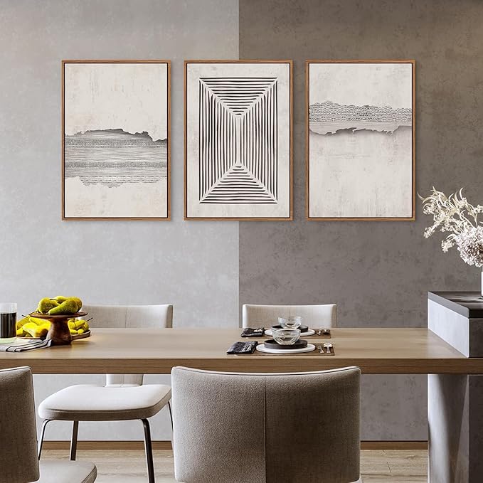 CHDITB Abstract Modern Framed Canvas Wall Art Set, Geometric Line Textured Wall Decor, Minimalist Neutral Wall Painting, Beige Black Art Prints for Living Room, Bedroom, Office - Large Size 16"x24"x3