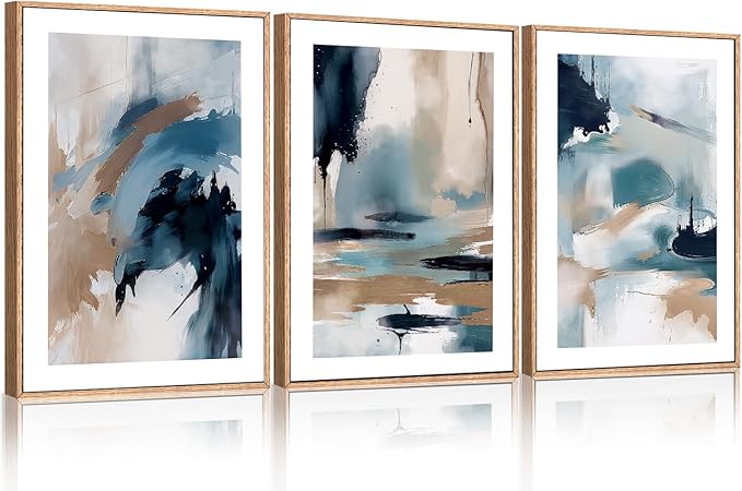 KAIRNE Blue Abstract Neutral Framed Canvas Wall Art Set, Navy Abstract Wall Decor, Watercolor Blue and Brown Wall Painting, Modern Textured Art Prints for Living Room, Bedroom, Office - 16"x24"x3