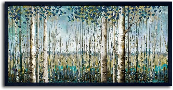 Pogusmavi Large Framed Birch Tree Canvas Wall Art Nature Painting for Home Decor | Teal Artwork for Living Room, Bedroom, and Office Pictures for Living Room 29×58IN