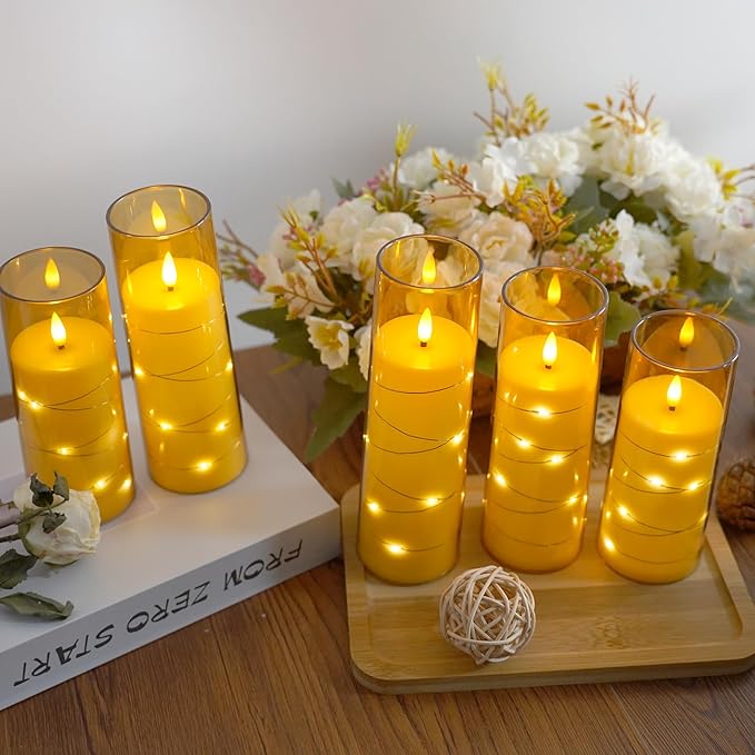 Flameless Candles,with Embedded Star String, Battery Operated Candles Flickering LED Pillar Candles with Remote Control and Timer, Home Decoration Add a Warm and Romantic Atmosphere，Set of 7 (Gold)