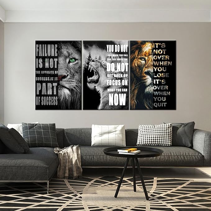 3 Panels Motivational Lion Canvas Print Wall Art Inspirational Quote Picture Animal Poster Painting Modern Inspiring Artwork Decor for Living Room Office Home Decor Wooden Framed [72''Wx 36''H]