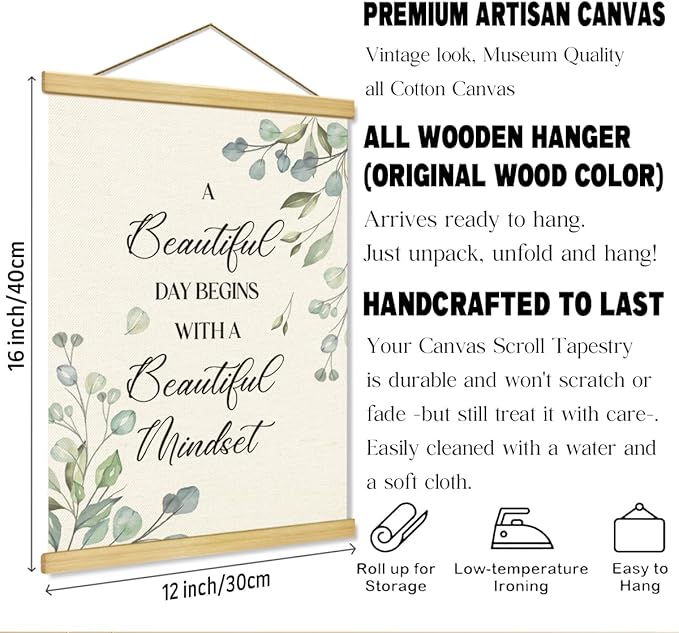 Inspirational Canvas Poster, Canvas Poster Wood Hanger, Minimalist Eucalyptus Wall Decor, Quotes Wall Decor, Positive Mindset Posters, Home Office Decors, Encouragement Gift for Women Men Friends