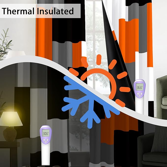 Orange 100% Blackout Curtains for Bedroom 72 inch Length 2 Panels Set White Grey Modern Abstract Geometric Black Out Curtains Insulated Room Darkening Window Drapes for Living Room, 52Wx72L