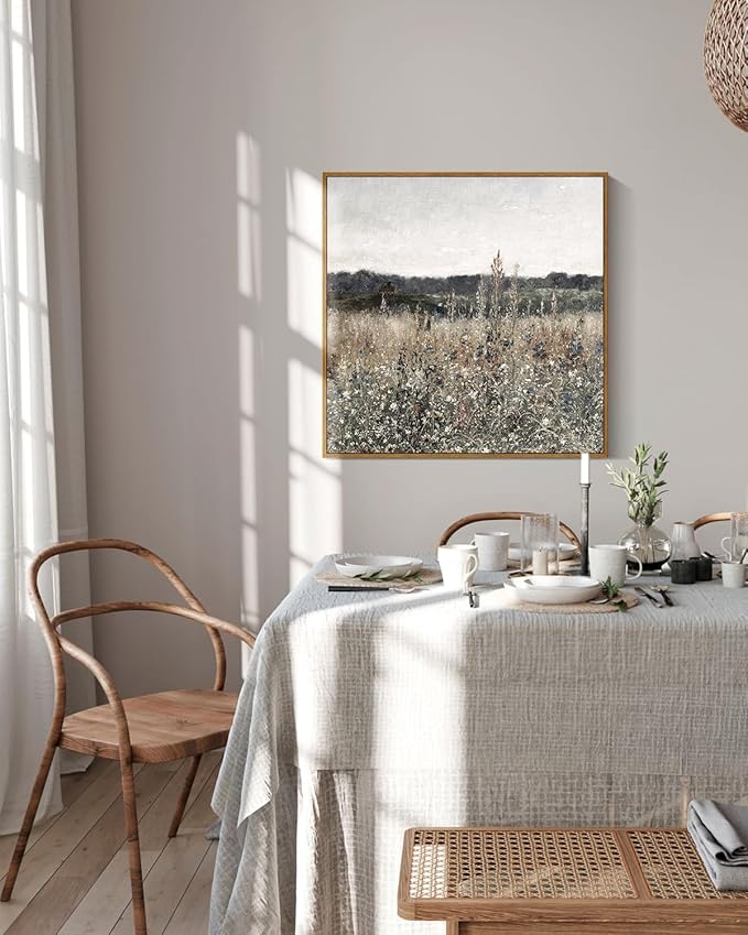 InSimSea Square Framed Canvas Wall Art, Scenery Field Home Decor, Vintage Meadow Flowers Wall Art Prints, Retro Nature Floral Wall Decor for Living Room Bedroom Home Bathroom 20"x20"