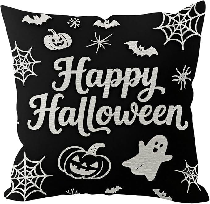 Halloween Pillow Covers 16x16 inch Set of 4, Linen Outdoor Farmhouse Cute Ghost Vintage Cat Skull Spooky Trick or Treat Party Supplies Black and White Decorations for Sofa Couch