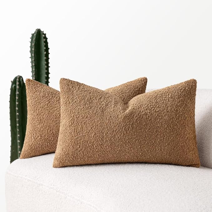 MIULEE 12x20 Inch Decorative Lumbar Throw Pillows for Bed Set of 2 Textured Boucle Neutral Throw Pillow Covers Brown Accent Solid Vintage Pillowcase Cozy Soft Sofa Livingroom Home Decor