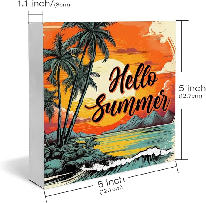 Hello Summer Decor Beach Wood Block Sign Sun Coconut Palm Decorations for Home Desk Table Shelf 5 x 5 Inches