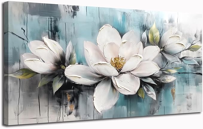 Ardemy Flower Wall Art for Living Room White Floral Canvas Bedroom Painting Magnolia Wildflower Picture Teal Grey Artwork Framed Home Office Dining Room Wall Decor, Extra Large 58"x29"