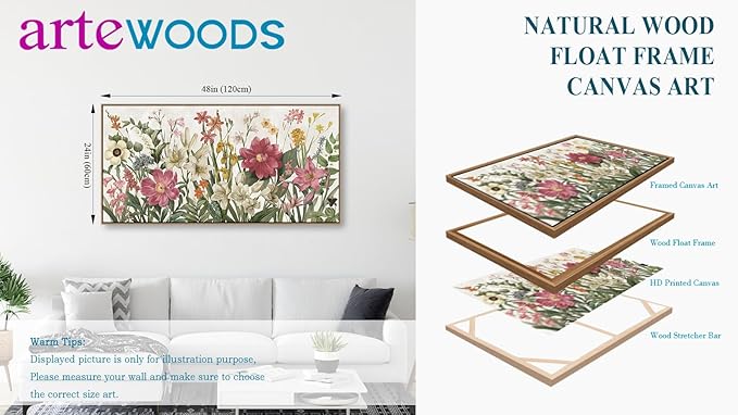 arteWOODS Botanical Framed Wall Art - Flowers Canvas Pictures Wall Decor Wildflowers Plants Painting Artwork Red Beige Blooming Floral Prints for Living Room Bedroom 48 x 24in Natural Wood Frame