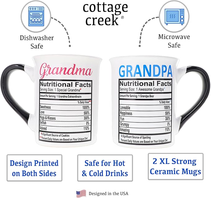 Cottage Creek Mugs - Set of Two 16oz. Large Ceramic Grandma Grandpa Coffee Cups - Ideal Stoneware Mugs for Kitchen, Office & Home Decor - Gifts for Grandparents, Women and Men, Parents