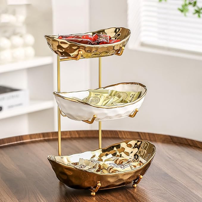 3-Tier Fruit Bowls for Kitchen Counter,Ceramic Bowl with Gold Metal Stand,3 Tier Fruit Basket for Fruit,Snack,Cake,Nuts,Dessert Storage
