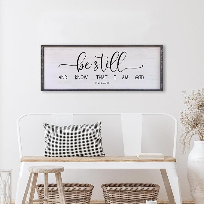 Surfapans Be Still and Know that I am God Wall Decor 40"x15" Large Farmhouse Family Living Room Vintage Religious Bible Verses Entryway Sign Wood Framed Scripture Hallway Hanging Wall Art (Black)