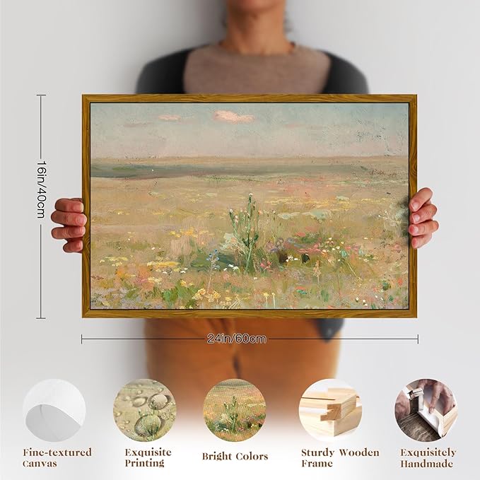 crmotu Vintage Framed Wall Art, Meadow Landscape Canvas Prints, Wildness Scenery Nature Wall Decor Pictures, Watercolor Aesthetic Wall Paintings for Living Room Bedroom Kitchen Artwork 16x24in