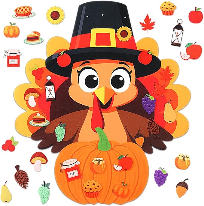 Thinkday 37-Piece Fall Thanksgiving Felt Craft Kit, DIY Pumpkin Felt Set DIY, Pumpkin 36 Detachable Fall Squirrel Pine Cones Corns Ornaments for Playing(Turkey)