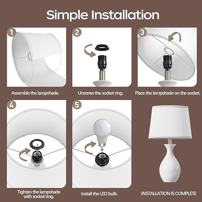 PARTPHONER Table Lamp Set of 2, Modern Ceramic Bedside Lamps for Night Stands, Classic Small Lamp Nightstand Lamp for Bedroom Living Room Desk End Table Rocker Swtich White