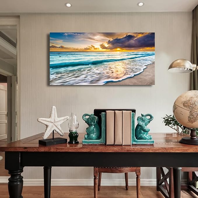Beach Canvas Wall Art Seascape Theme Pictures Home Decor Blue Ocean White Wave Sunset Prints Painting for Living Room Bathroom Bedroom Kitchen Office Decorations Natural Landscape Artwork 28x57 inches