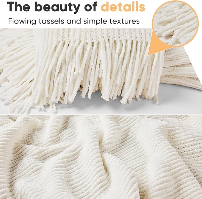 inhand Knitted Throw Blanket for Couch Bed,Chunky Chenille Woven Soft Blankets with Tassels,Cozy Boho Farmhouse Fall Winter Decor,Warm for Women,50"x60",Medium Thick-Off White