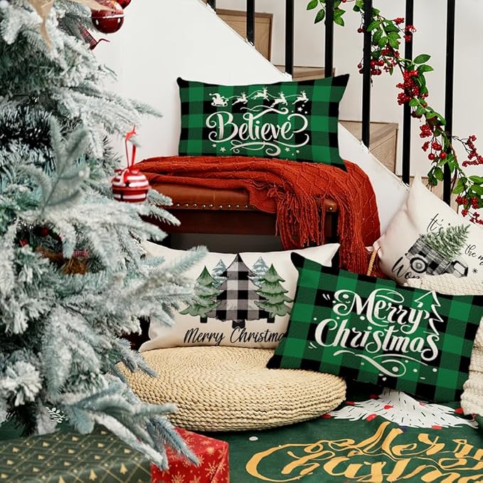GEEORY Merry Christmas Throw Pillow Covers 12x20 Inch Set of 4, Xmas Trees Truck Green Buffalo Plaid Believe Farmhouse Decorative Cushion Cases for Home Decoration G595-12
