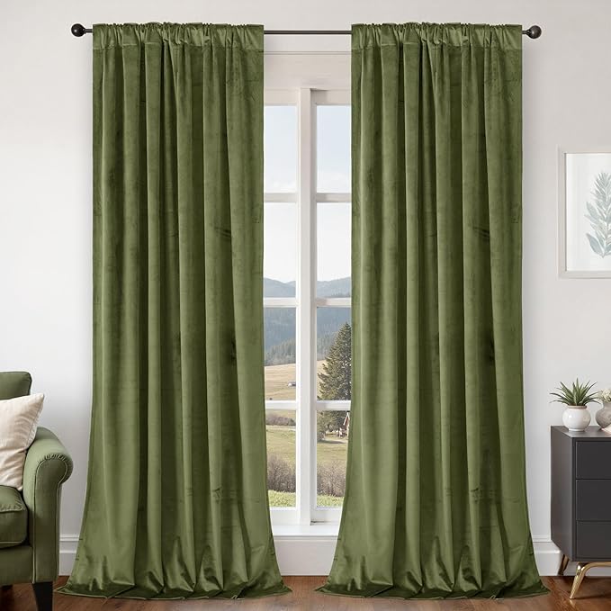 BGment Sage Green Velvet Curtains for Living Room, Super Soft Thermal Insulated Soundproof Blackout Back Tab and Rod Pocket Luxury Decorative Curtains for Bedroom, Set of 2 Panels, 52 x 102 Inch