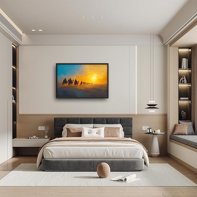 Flintis Large Desert Camel Framed Wall Art Sunset Camels Pictures Wall Decor Abstract Natural Landscape Canvas Painting Print Artworks Framed for Living Room Bathroom Master Bedroom 36L X 24W