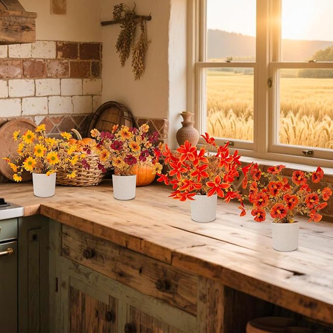 Fake Potted Plants 4pcs, Artificial Fall Flowers with Vase, Autumn Harvest Decoration for Home Indoor Outdoor, Table Plants Farmhouse Decor for Kitchen, Bedroom, Living Room, Bathroom