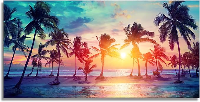 DZL Art S75562 Canvas Wall Art Palm Trees Silhouettes On Tropical Beach At Sunset Beach Seascape Painting Nature Pictures for Living Room Home Office Wall Decor Artwork