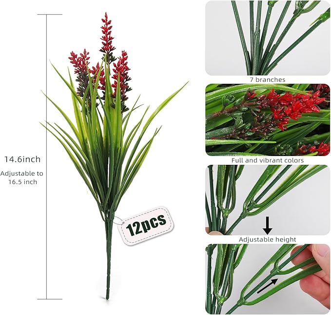 RECUTMS Fake Grass Plant,Fake Plants Outdoor, Artificial Grass, UV Resistant Fake Bushes Plastic Artificial Greenery Shrubs, Faux Greenery for House Garden Patio Front Porch Indoor Decor(Red)